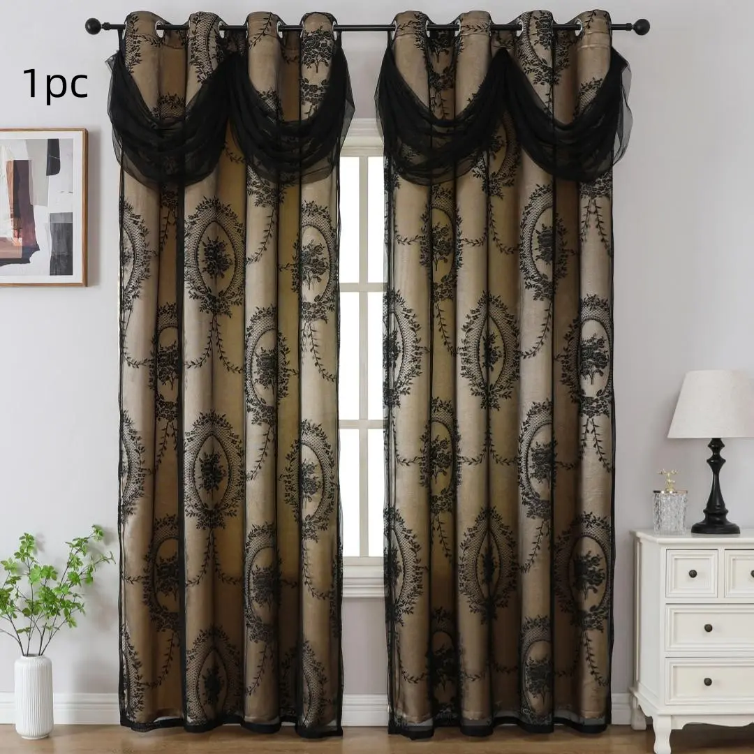 1pc double layer jacquard blackout curtains with valance, Flower Embroidery Lace Privacy Curtain, Curtains Floral, Light Filtering Door Curtain for Home Decor, Window Curtain, Blackout window cover