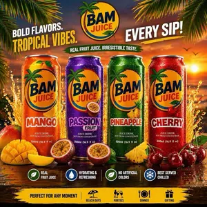 BAM Juice - Bold Tropical Flavors: Mango, Passion Fruit, Pineapple, Cherry - 500ml Cans - Real Fruit Juice - No Artificial Colors - Refreshing & Hydrating Beverage - Mangga