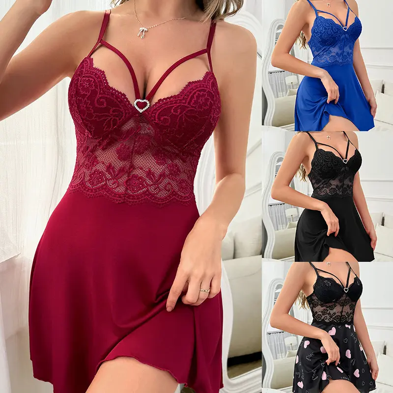 Women's Sleeveless Lace Chemise - Stylish, Comfortable Sports Dress with Elegance, Everyday Fit Nightwear Sleepwear Loungewear Slip, Style, Classic, Relaxed Fit, V-Neck Cut, Elegant, Nightdress Sleeveless, Female, All Seasons, Lady, Chic, Night Gown For W