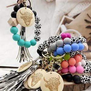 Boho Cow Print Beaded Keychain, Bead & Tassel Keyring, Western Bull Charm Circle For Bag Accessory, Gift For Parents & Friends