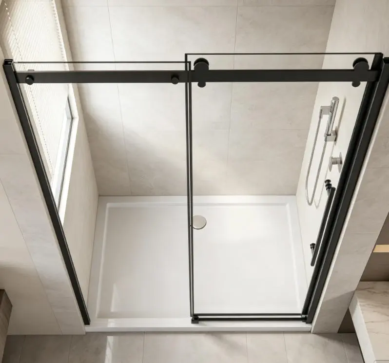 H Frameless Shower Door Single Sliding  1/4" Thick Clear Tempered Glass with Zinc Roller Rail Stainless Steel Handle Black Adjustable Reversible Installation