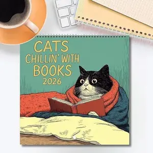 Cat Book Calendar 2026, 12-Month Wall Calendar Monthly Planner with Colorful Illustrations, Cute Fun Cat Art Decor Gift for Home Office Lovers, Tear Off Calendar