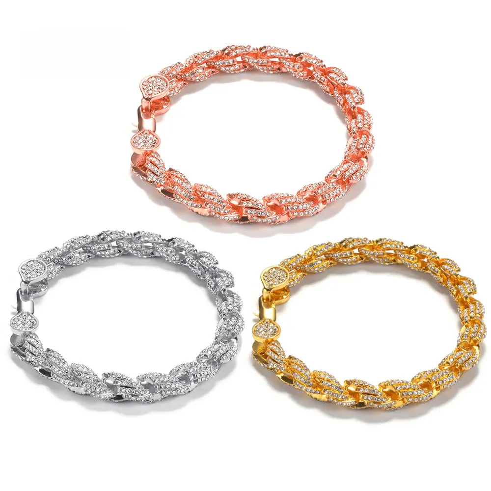 Hip Hop 9MM Thick Twist Chain Bracelet for Men Women Gold Silver Rose Gold 7 8 9 Inch Alloy Diamond Inlay Geometric Style Gift