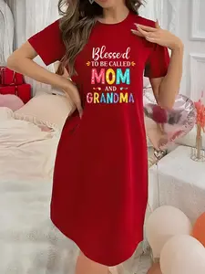 Soft and Slightly Stretchy Women's Underwear Blessed to be called MOM and GRANDMA Pattern Short Sleeve Crew Neck Nightgown, Sexy Elegant Youthful Women's Christmas Dress, Perfect for Halloween, Christmas, and Thanksgiving Gifts