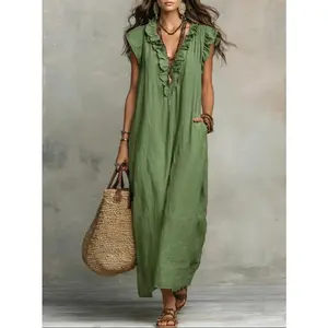 VVZ 2026 Women's Bohemian Ruffle Neck Maxi Dress Casual Sleeveless Loose Flowy Long Dress for Beach, Vacation & Daily Wear