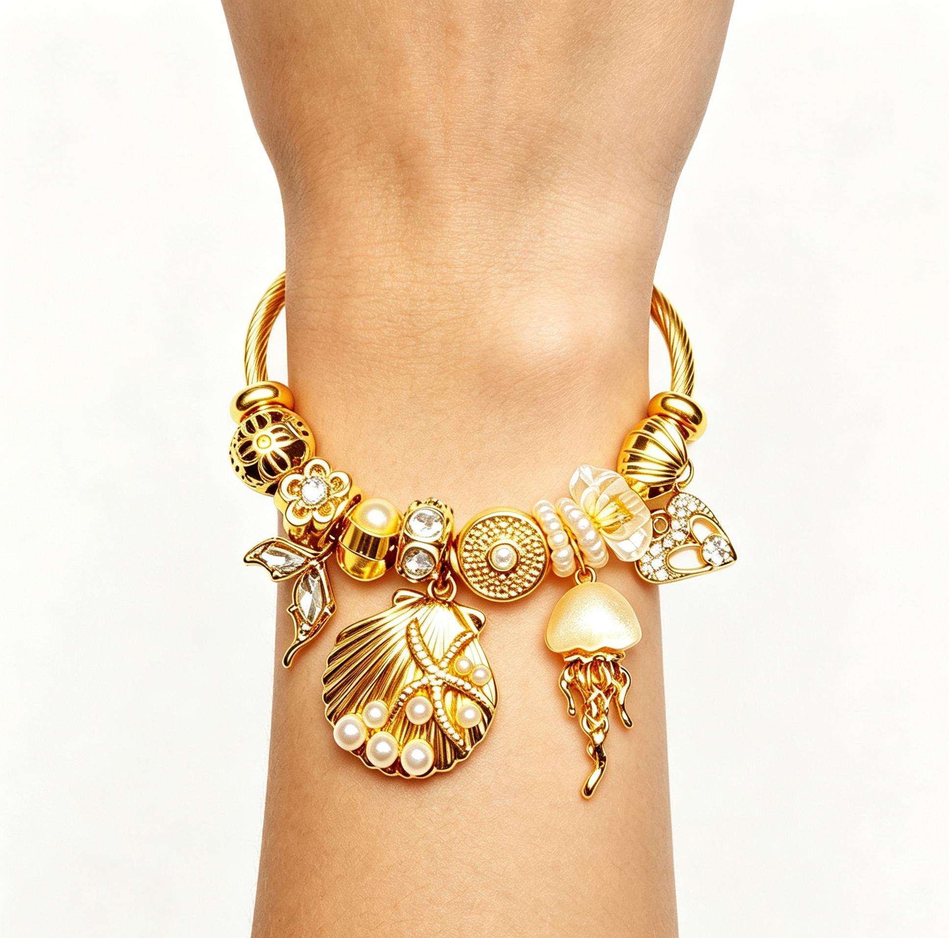 Gold Tone Shell Charm Bracelet for Women, Pearl Seashell Ocean Pendant Bangle, Beach Inspired Crystal Jewelry Gift for Her Gold Tone Shell Charm Bracelet for Women, Pearl Seashell Ocean Pendant Bangle, Beach Inspired Crystal Jewelry Gift for Her