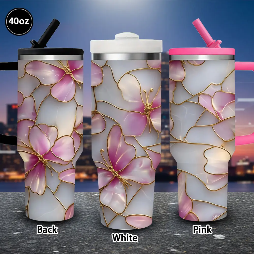 40oz Portable Vacuum Flask Tumbler - 1 Pc Pink and White Floral Pattern, Insulated Travel Mug with Lid and Straw, Winter Iced/Hot Coffee Cup, Gift for Women (Valentine’s Day, Easter, Birthday)