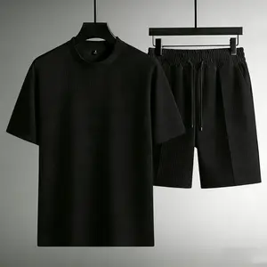 Men's 2 Piece Waffle Knit Tracksuit | Short Sleeve T-Shirt & Drawstring Shorts Set With Pocket
