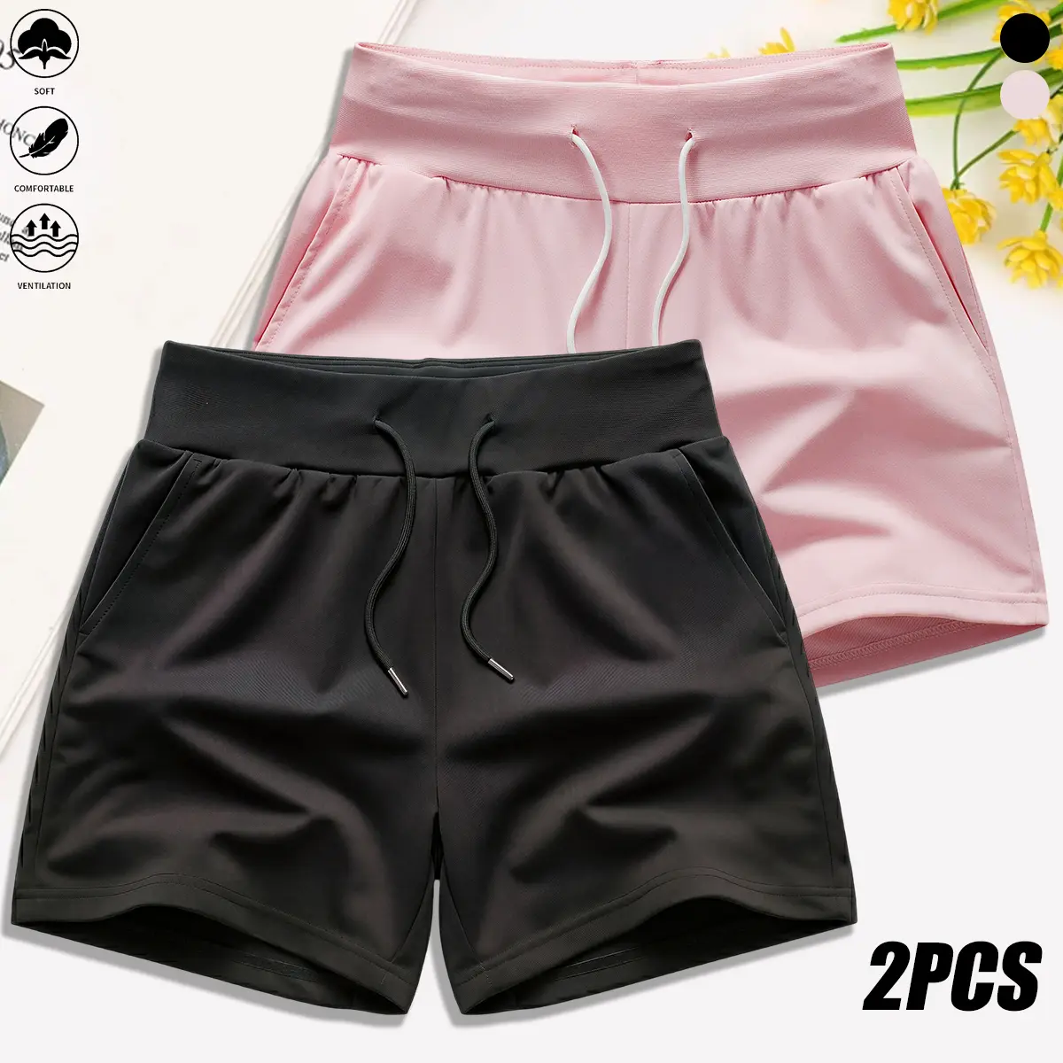 Set of 2 women’s shorts with pockets and a drawstring design—simple and stylish, suitable for workouts, gym, running, and yoga. Summer vibe,back to school shopping