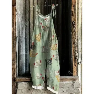 Women'S Vintage Farmhouse Hen & Chicken Print Jumpsuit - Casual Strapless Overalls with Bow Detail, Light Green with Colorful Rooster Pattern, Perfect for Spring/Summer/Fall