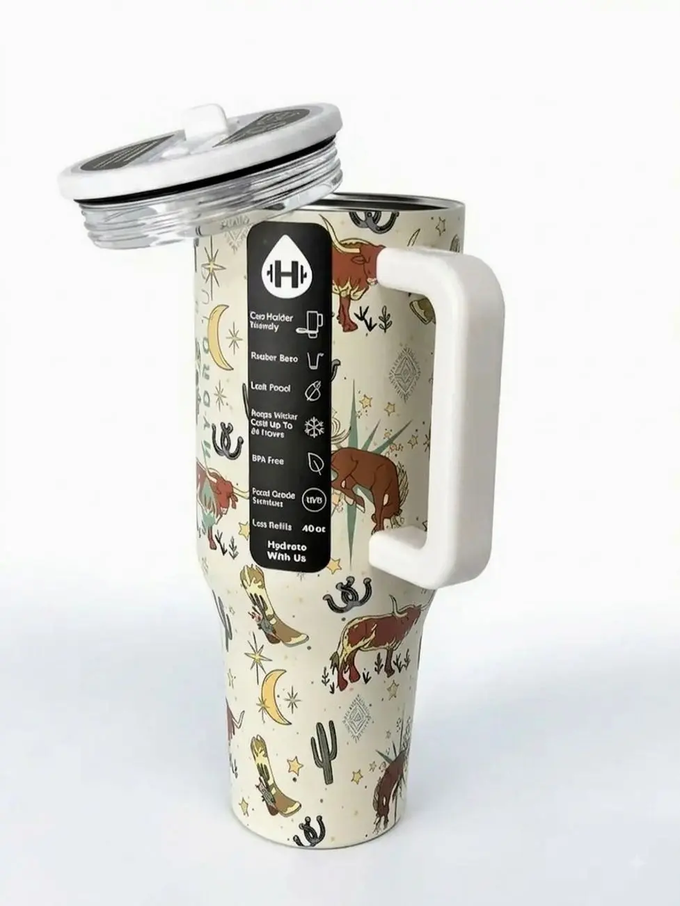 HydroJug 40oz Size Traveler Straw Cup - Western Lucky Cowboy Themed Prints, Stainless Steel Thermal Tumbler, 1000-2000ml, 100% Leakproof Insulated, 13-24 Hours Ice Retention, Cup Holder-Friendly Lightweight Stylish Water Bottle