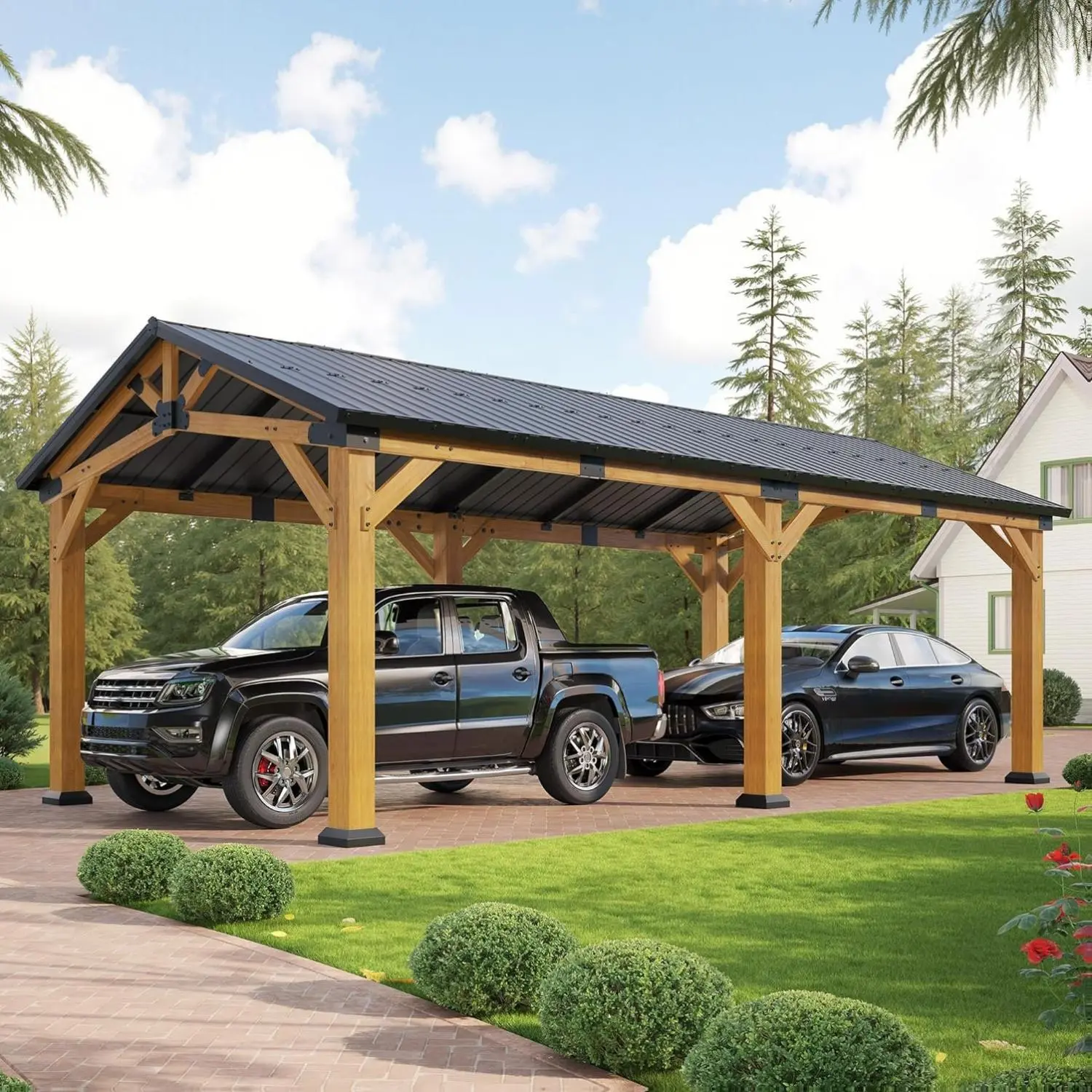 [Summerwins] [SummerFinds] AMERLIFE 12'x24' Cedar Wood Hardtop Gazebo with Steel Roof, Waterproof Outdoor Carport Pavilion, Heavy-Duty Snow & Wind Resistant Canopy for Patio, Driveway, Garden