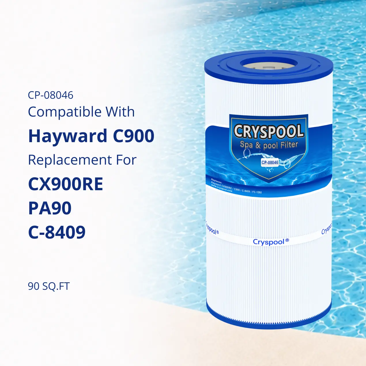 Cryspool 08046 Pool Filter Cartridge Compatible with Hayward C900, CX900RE | Replacement for C-900, PA90, Posi-Clear PXC-95, C-8409, Ultral-B6, PP-B6, FC-1292, 90 Sq. Ft, stock tank swimmingpool cartridge, 1 Pack