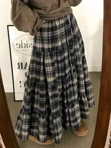 Plaid Patchwork Pleated Long Skirt, Vintage College Casual Style Korean Y2K Cute Girl Versatile Skirt, Womenswear Spring Summer Fashion, Plaid Print Skirt