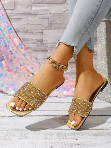 2026 Street Style Must-Have! Gold Fully Bedazzled Square-Toe Flat Slides Style with Denim & Gold Anklet Everyday Glam Going-Out Sandals