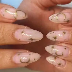 24pcs Medium Almond Acrylic Nails Set, Glittering Fake Nails, Glossy Finish, Star Moon Design, Easy Wear, Perfect for Women & Girls, Daily Use & Parties, Stylish Acrylic Nails