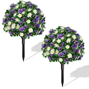 2 Pack Artificial Flowers Topiary For Outdoors,Artificial Topiary Ball Trees Flower Azalea With Ground Spike,Fake Plants UV Resistant Faux Bushes Shrubs For Indoor Outside Garden Festival Decor