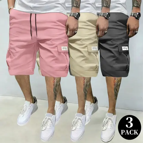 Men's 3-Pack Cargo Shorts, Knee-Length Woven Fabric, Loose Baggy Straight Cut, Pocket Design - Casual Outdoor Summer Menswear Jorts