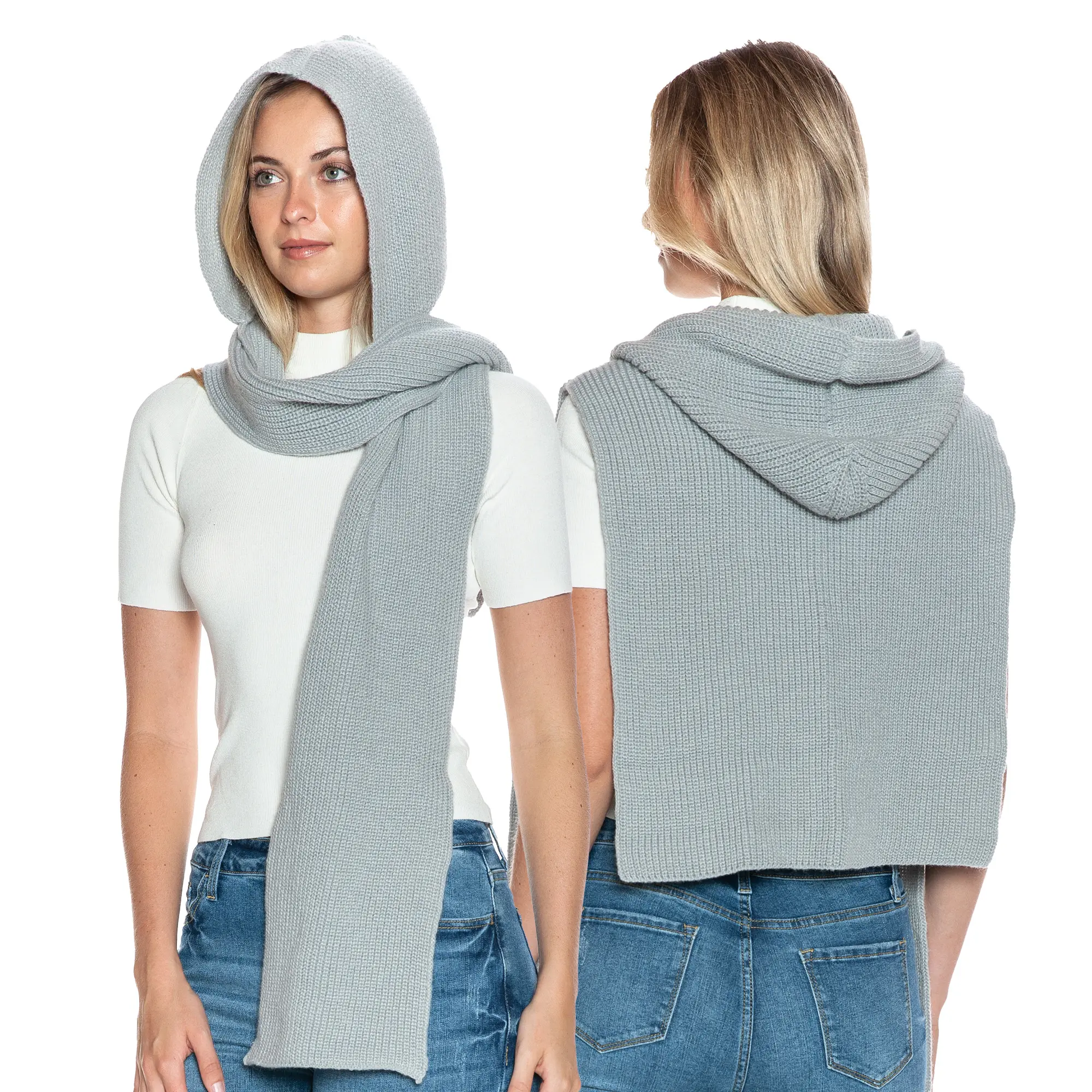 Unisex 2-in-1 Hooded Scarf & Winter Balaclava Fashion Accessory, Plain Knitted Long Polyester Scarf with Extended Back Coverage, One Size, Hand Wash for Commute & Everyday Wear, Casual