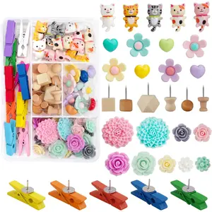 72PCS Push Pins Cute Cat Thumb Tacks Decorative Push Pins Wood Pin Board Tacks Assorted Colors Flower Push Pin Clips for Cork Board Wall Cubicle Accessories for Home Office Cute Desk Accessories