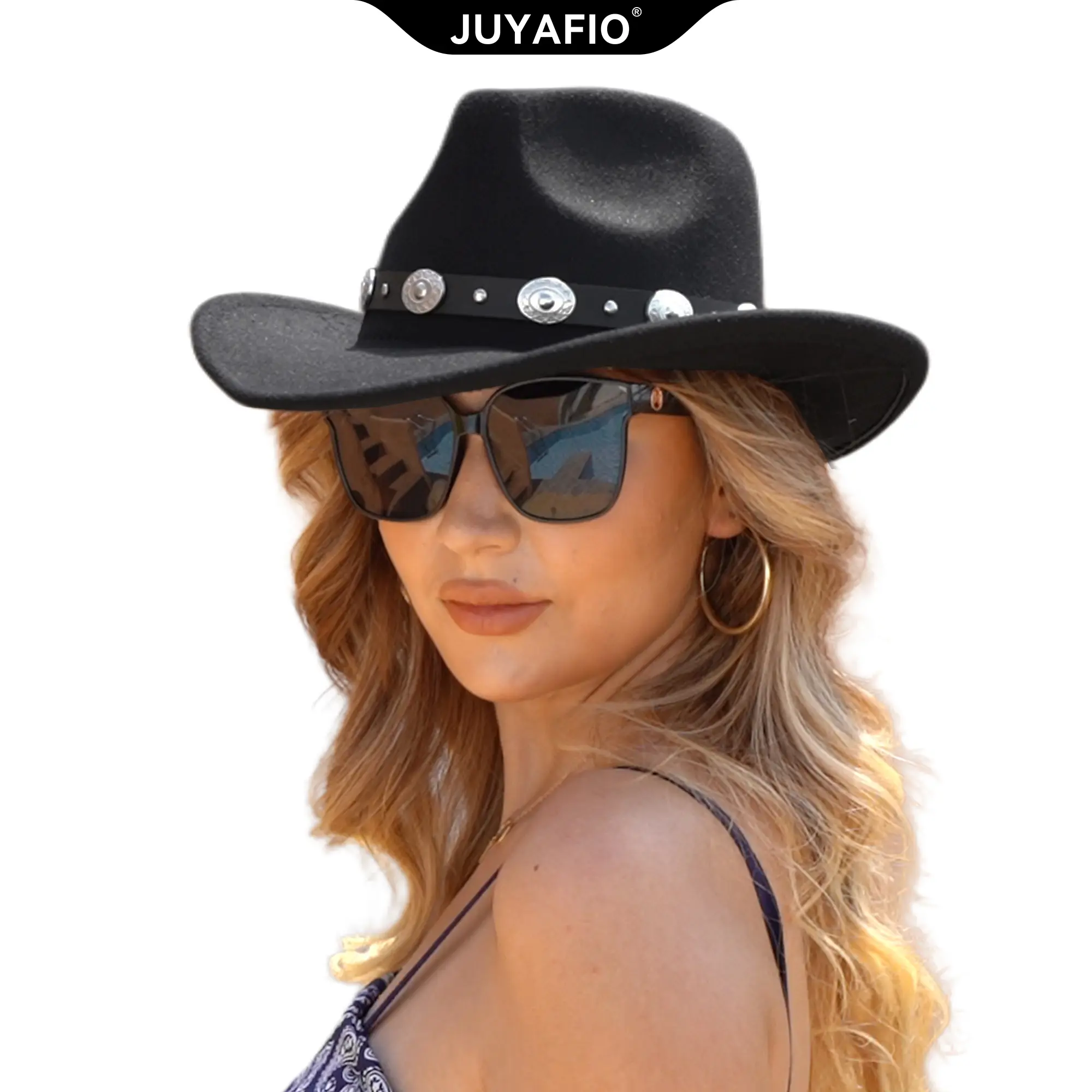 Women Men Felt Wide Brim Western Cowboy Hats Belt Buckle  display picture 2