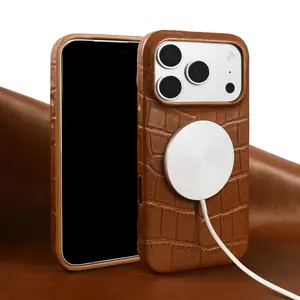 Magnetic Genuine Leather Case For Iphone 17 16 15 Pro Max 17e 16e Air 11 14 Plus 12 13 Mini Back Case For Magsafe Wireless Funda