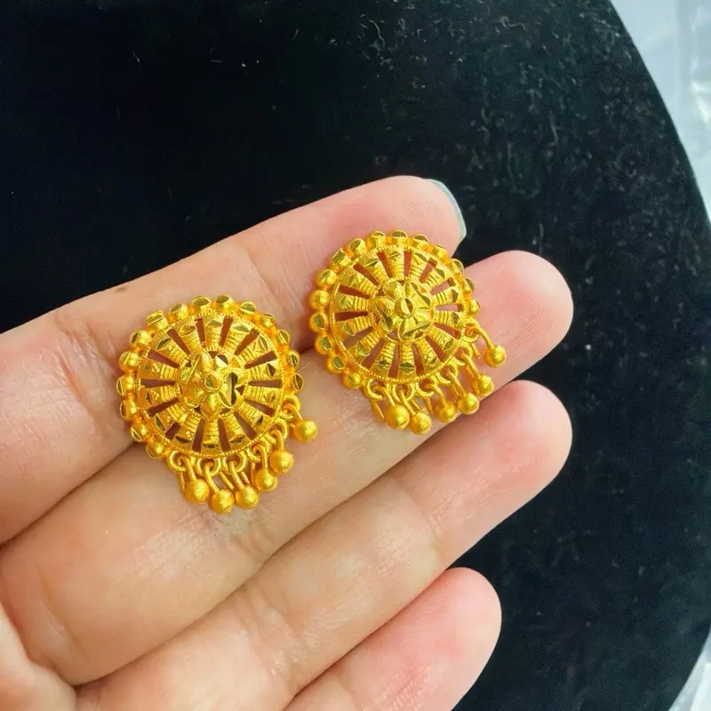 Women's Gold-Tone Color-Coated Circle Shape Earrings Studs - Elegant Intricate Beaded Detailing, Feminine Aesthetic Affordable Fashion Costume Jewelry Accessory, Daily, Geometric, Metal Coating, Casual, Female, Designer Earrings, Gold Stud Earrings