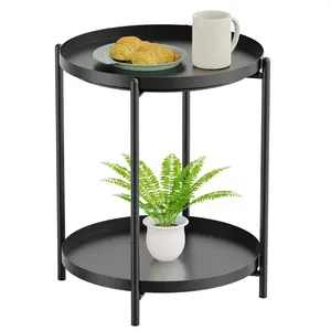 Yesker 2-Layer Lightweight Metal End Table - Easy Setup Accent Piece, Sturdy Snack Table for Living Room, Bedroom, Indoor-Outdoor Sofa, Bedside Use (Black), Two Layers