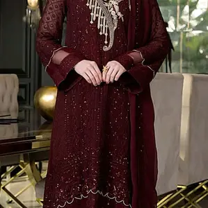 Luxury Chiffon Embroidered Stitched 3 pcs Traditional Pakistani Suit Dress