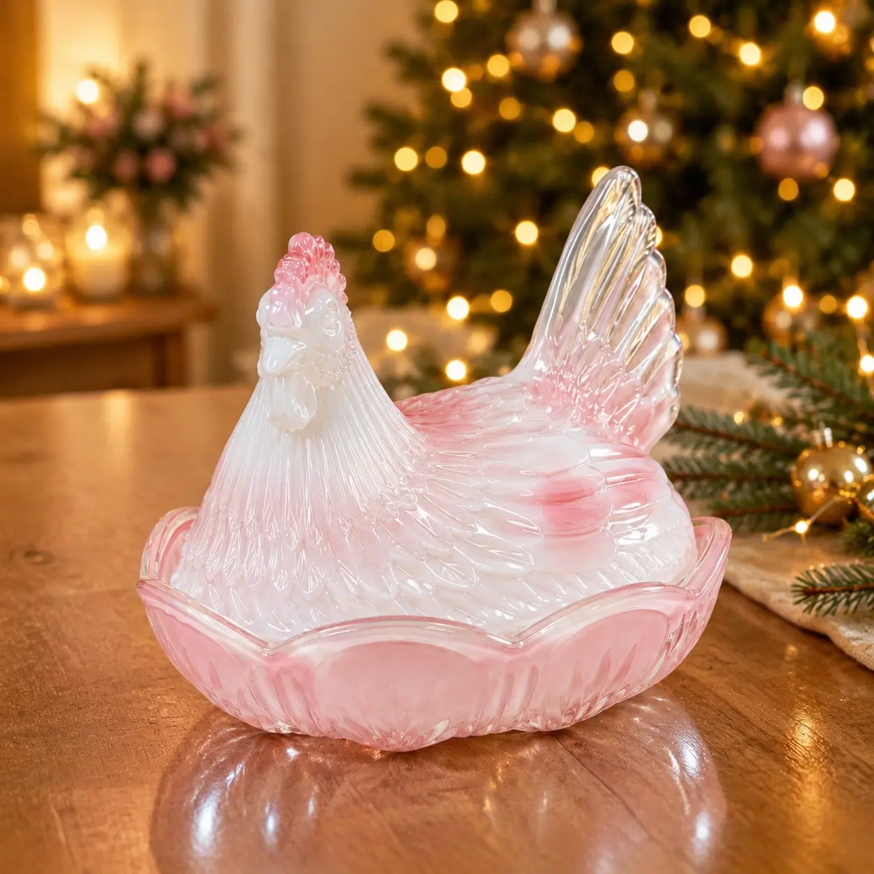Aesthetic Pink-White Gradient Glass Chicken Candy Jar, Farmhouse Kitchen Decor Organizer with Lid, Hen-Shaped Storage Canister Bowl Perfect for Cookies & Coffee Snacks