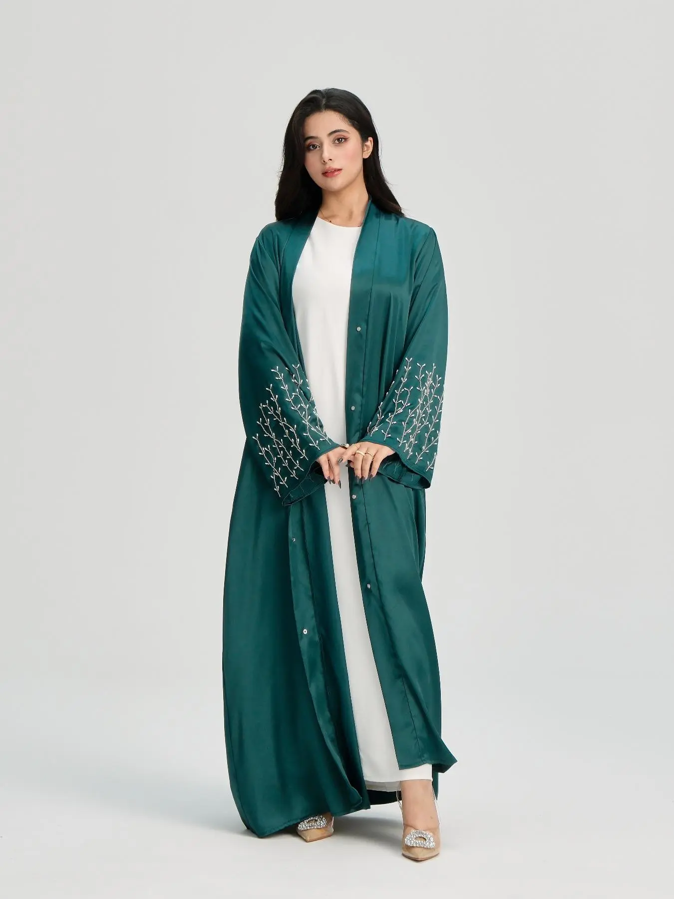 Women's Beaded Decor Long Sleeve Open Front Abaya, Modesty Abaya, Modesty Muslim Clothing, Islamic Modesty Clothes, Modest Elegant Maxi Abaya for Daily Wear, Women's Islamic Clothing for All Seasons