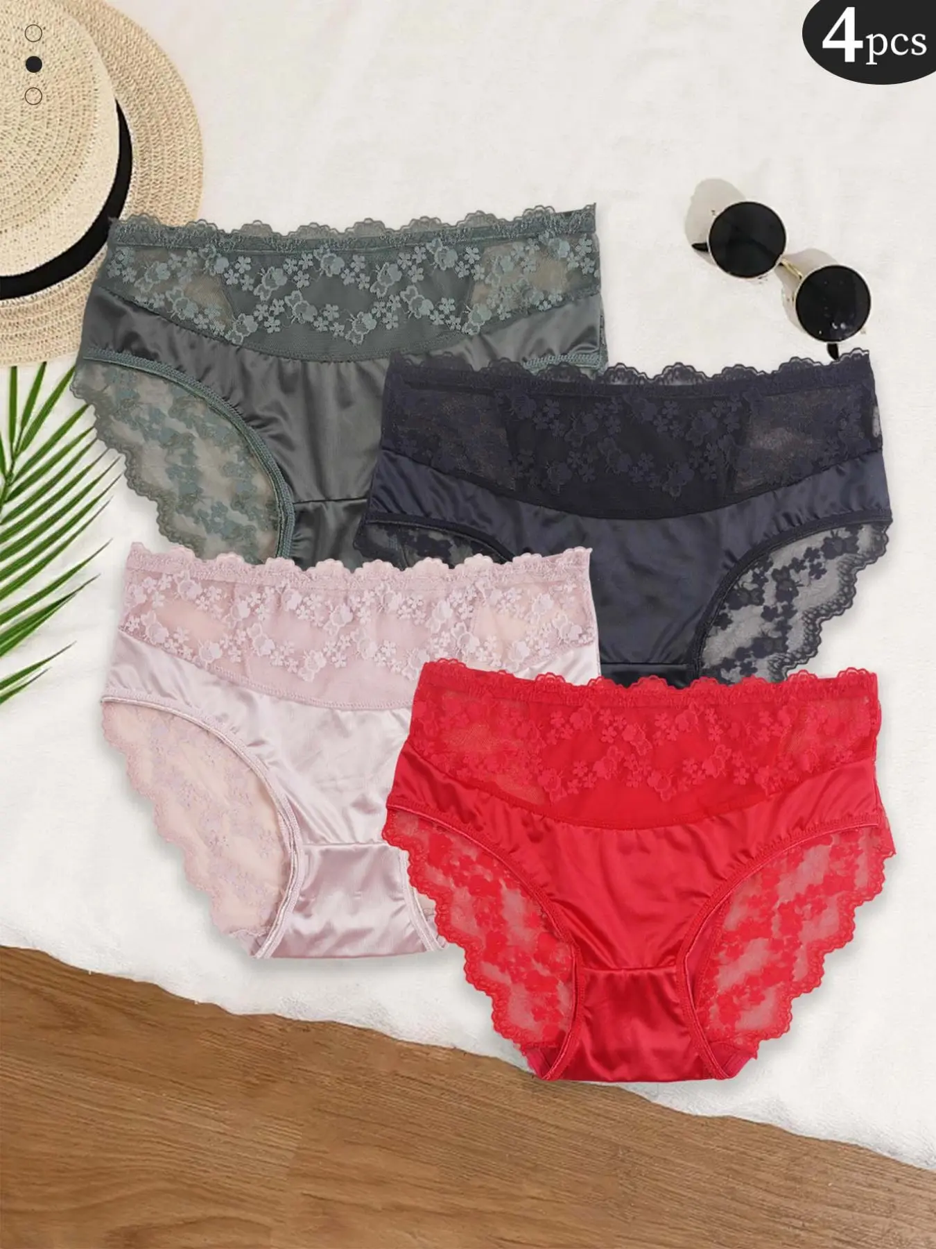 Women Lace Bikini Panties 4 Pack, Sexy Feminine Briefs, Soft Girl Ootd, Maternity Friendly, Gift Idea, Slim-Fitting, All Seasons