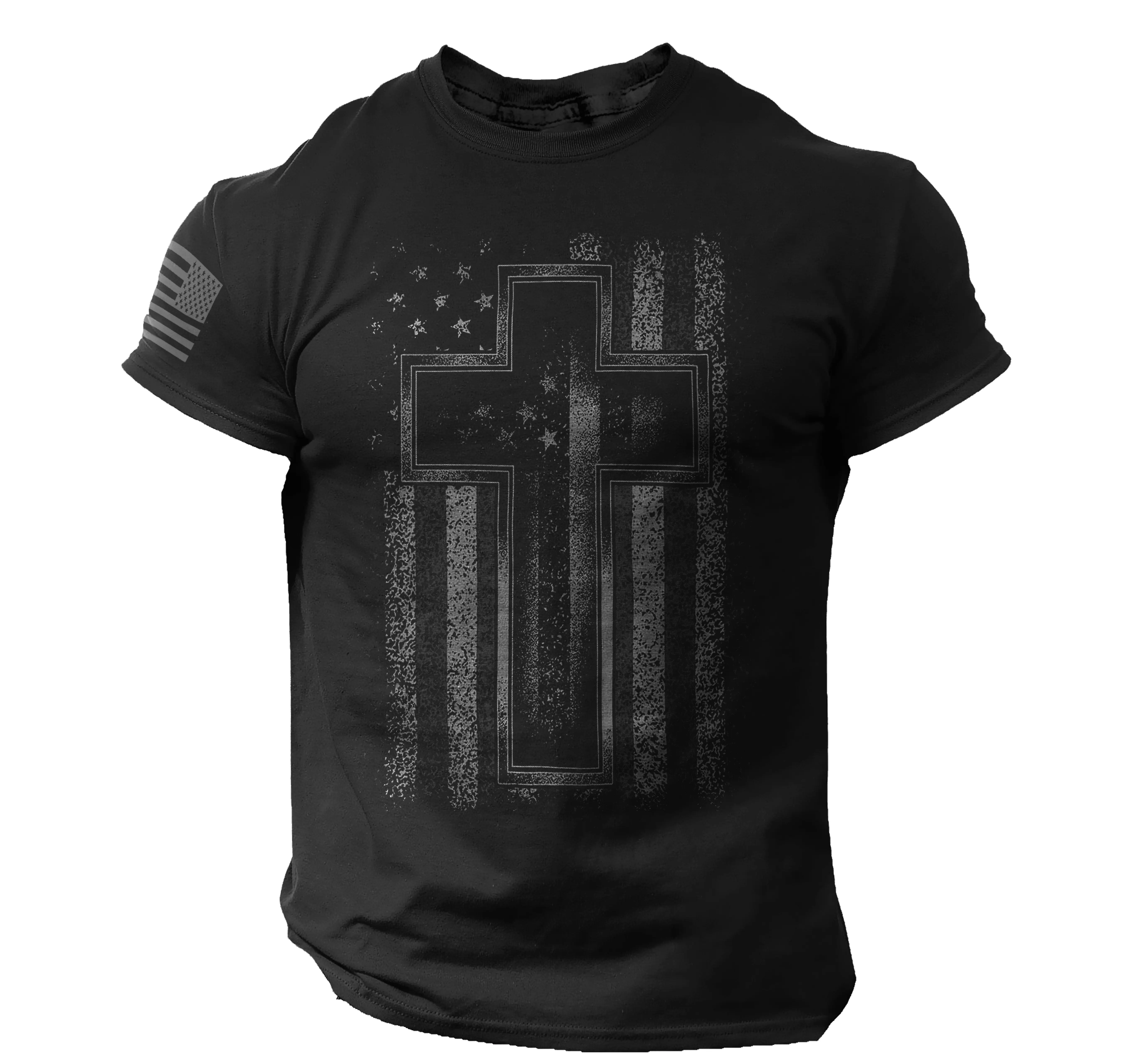 Cross USA Flag T-Shirt Christian Men Faith Gym Christ Casual 100% Cotton Top Grey Black
