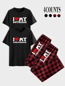 Couple Matching, Top with Heart Print, Plaid Sleepwear Set, Valentine's Day Gift, Romantic Couple Wear