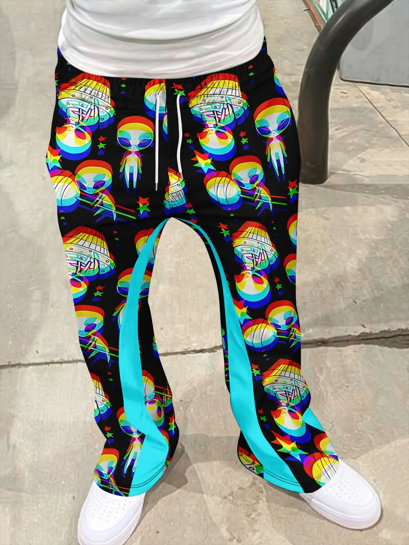 Men's Cyberpunk Style Bell Bottoms Flared Trousers, Neon Color Print Drawstring Waist, Casual Slim Fit, Perfect for Street Dance and Music Festivals, Casual Streetwear Trousers