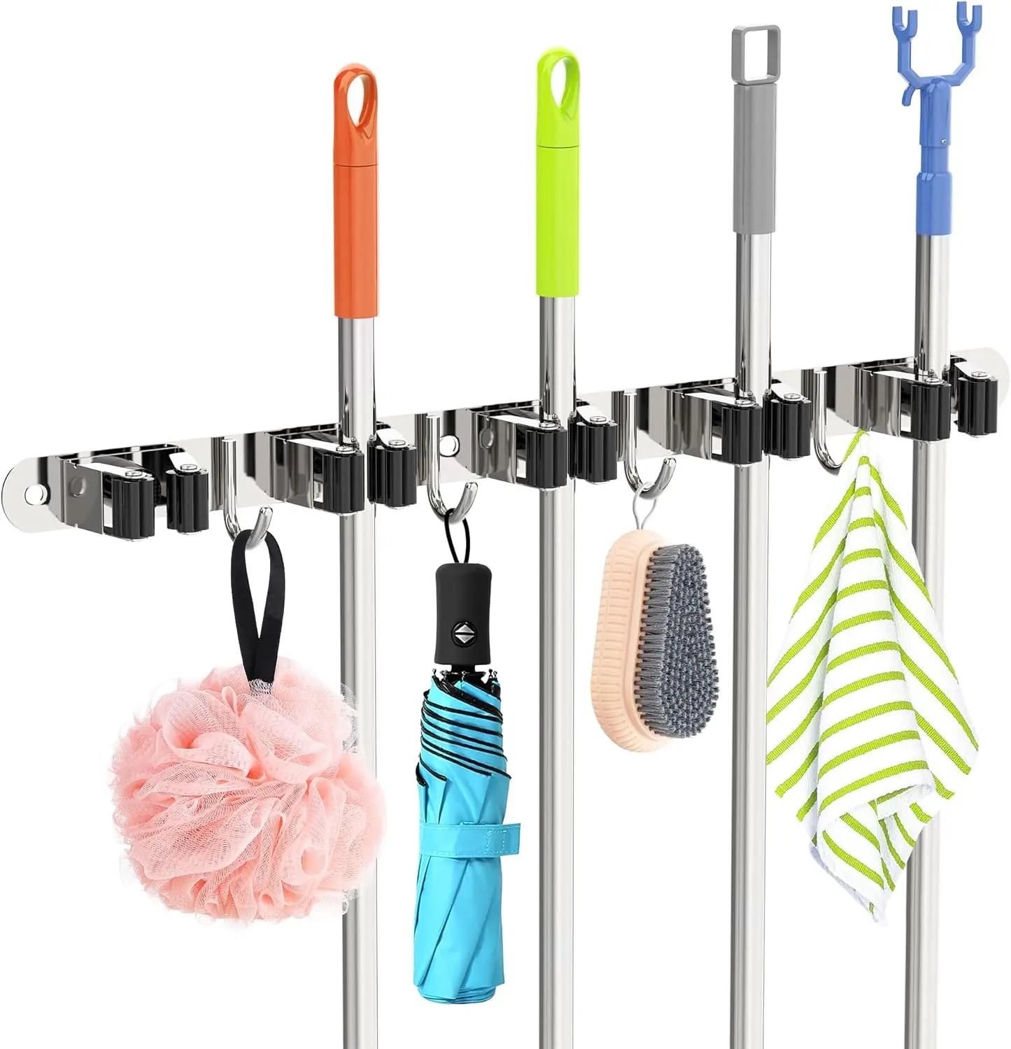 Broom Holder Wall Mounted With 5 Holders And 4 Hooks With Nails Installation Utility Room Storage Stainless Steel Broom Storage Organiser for Garage Kitchen Laundry Bathroom