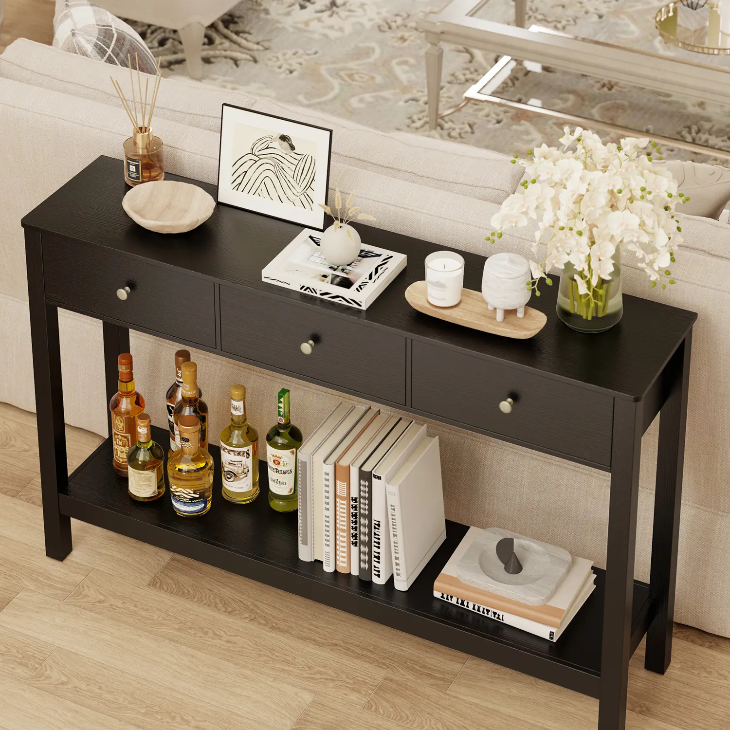 Gizoon 3-Drawer Wooden Entryway Console Table - Open Shelf, Metal Round Handles, Large Storage, Modern Accent Console Table for Living Room, Front Hall, Study Room, Console Table Entryway