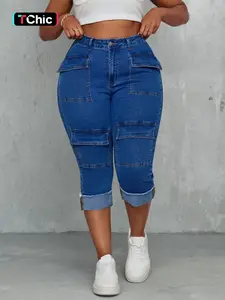 Plus Size Women's Elastic Denim Jeans Pants, Fitted, Utility Pockets, Stretchy Fabric, Casual Fashion, Daily Wear, All Seasons, Womenswear