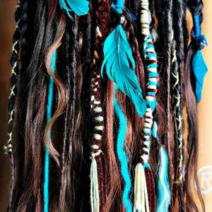 Pocahontas Dreadlock Extensions with Vibrant Teal Feathers and Multi-Color Braids for Stylish Hair Accessories