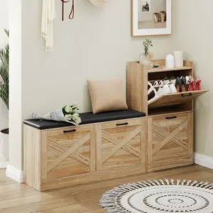 Shoe Storage Bench with Cabinet, Framhouse Shoe Storage Cabinet Shoe Bench with 4 Flip Drawers and Padded Seat Cushion, Narrow Hidden Shoe Organizer for Hallway, Closet, Living Room- Natural