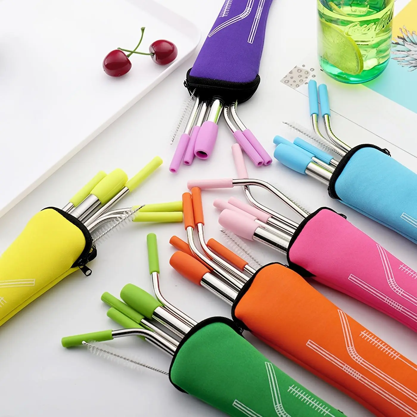 Stainless Steel Straws Set, Drinking Straw, 5 Counts/set Including Reusable Metal Straws with Silicone Tips & Cleaning Brush & Storage Bag, Drinkware Accessories, Drinking Gadgets