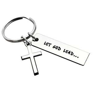 Christian Cross Keychains, Stainless Steel Key Ring Engraved with "Let God Lead" & Inspirational Bible Verse, Faith Jewelry Gift for Men