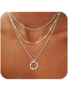 Silver Plated Layered Choker Necklaces for Women, Stackable Stacked Stacking Layering Dainty Silver Plated Necklace Beach Circle Paperclip Pendant Chain Necklaces Trendy Jewelry Set for Women