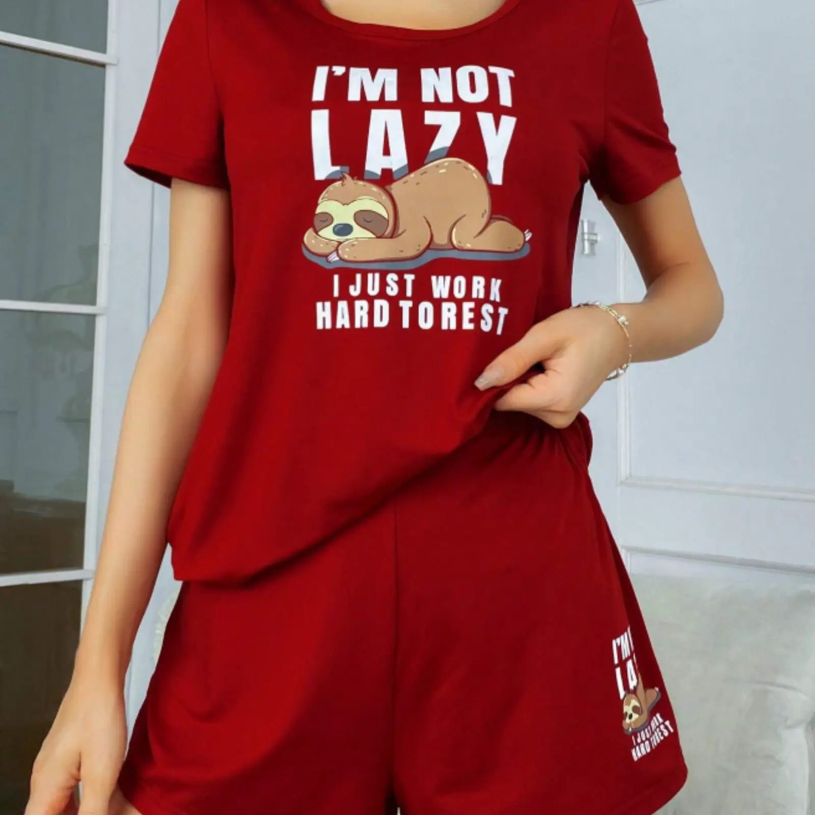 Women's Casual Fashion Sloth Printed Short Sleeve Pajamas and Shorts Set for Daily Wear