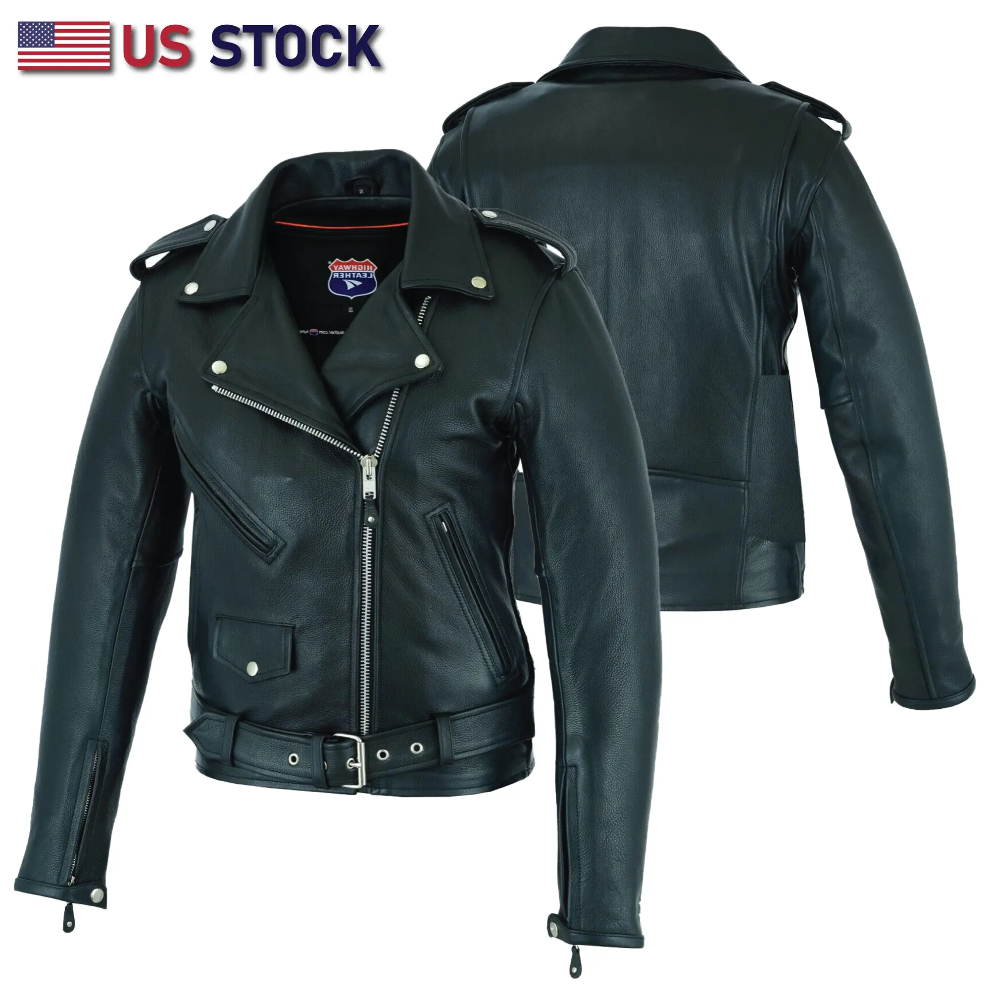 HIGHWAY LEATHER Women's Classic Biker Leather Outerwear - Collared Tops, Fitted Longsleeves Coat with Asymmetrical Zipper, Buckle Accents, Removable Liner, Thick, Leather Jacket