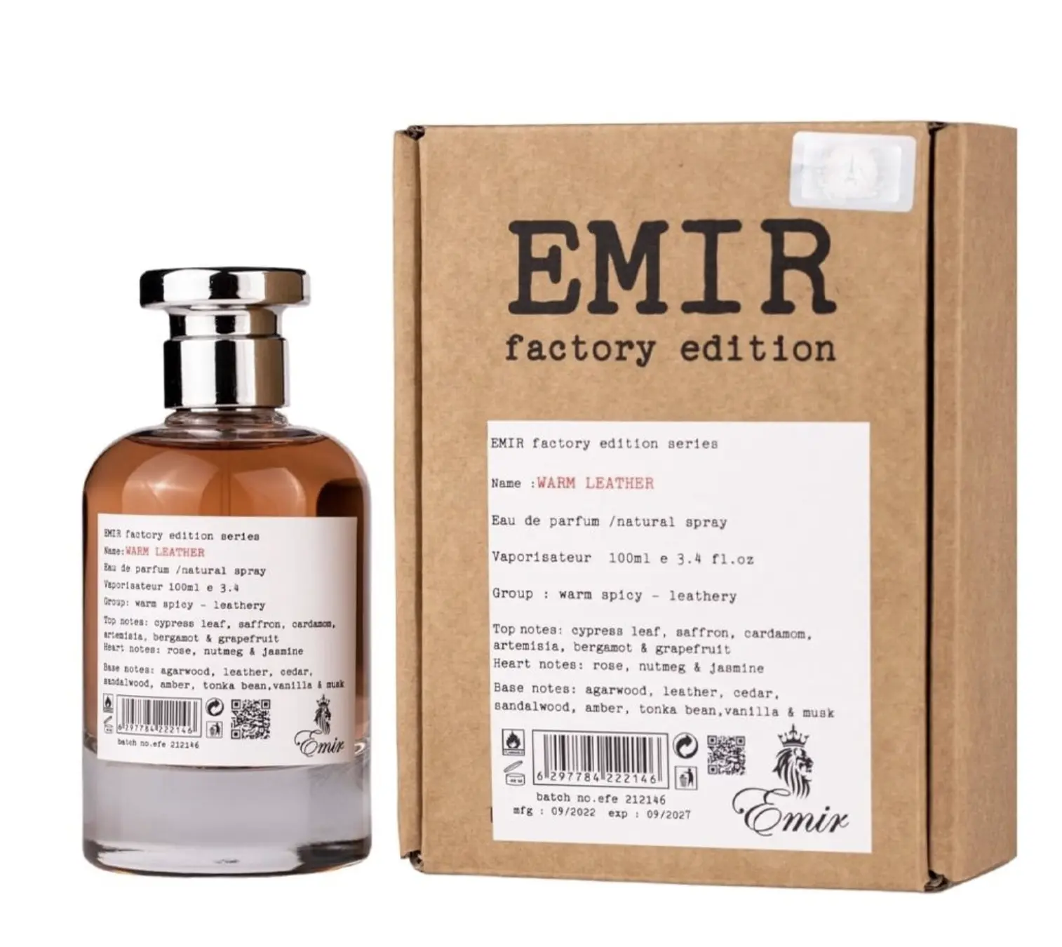 Paris Corner Emir Factory Edition Warm Leather Eau de Parfum Spray Bottle, 3.4 oz - Spicy Modern Unisex Fragrance with Cardamom, Oud, Sandalwood, Vanilla & Cream, Amber Scent, Amber Scent Unisex Fragrance, Aromatic Unisex Fragrance