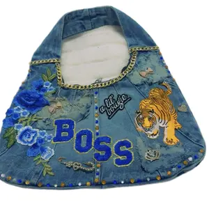 Customize denim purse for any occasion very elegant with exquisite patches fabric letters chains sparkly stones and pearls