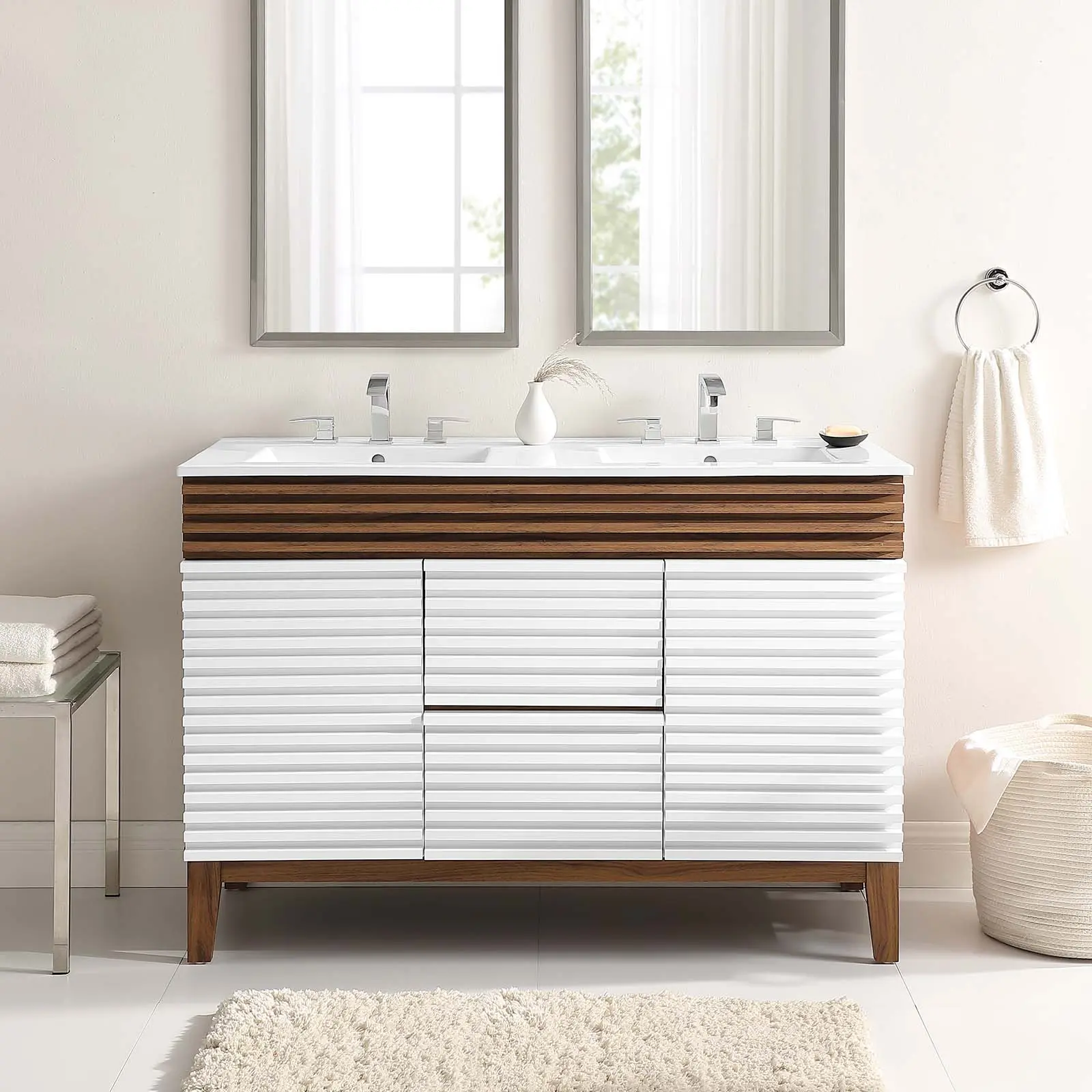 Modway Render 48-Inch Double Sink Bathroom Vanity, Mid Century Modern Style, White Walnut Finish with Smooth Walnut Grain Laminate, Stylish Storage, Soft-Close Hinged Doors, Assembly Required