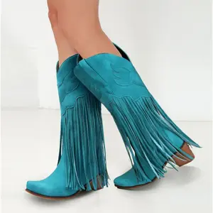 Women’s fringe cowboy boots with a square toe, mid-calf height, embroidered western design; tassel cowgirl boots with a stacked heel; retro boots