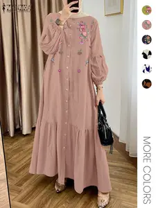 Women's Floral Embroidery Button Front Ruffle Trim Dress, Elegant Bishop Sleeve Round Neck Dress for Party Holiday Wedding Guest, Ladies Spring & Fall Clothes